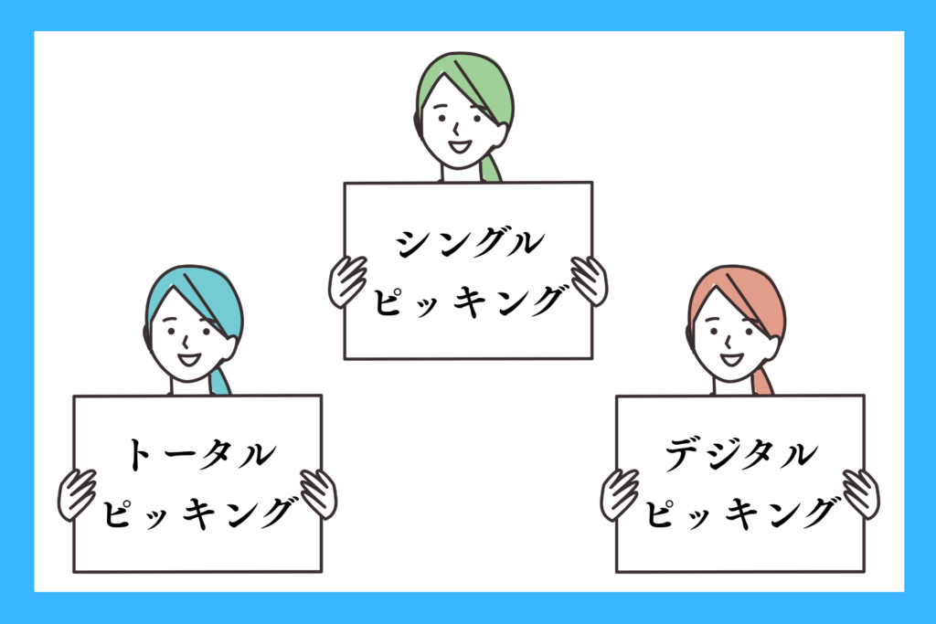 alt="ピッキング作業の3つの種類を提示している女性”