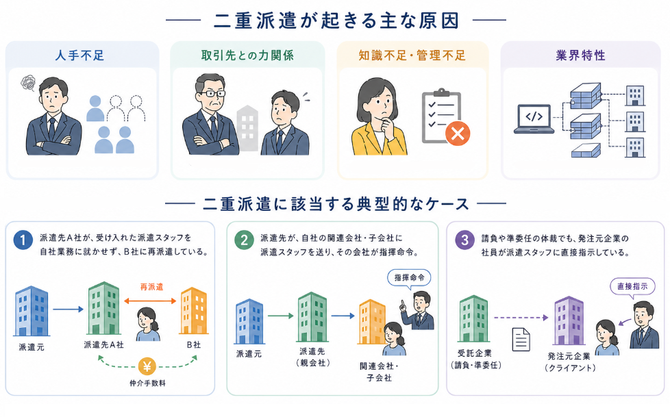 alt="二重派遣が起きる原因と二重派遣に該当するケース”