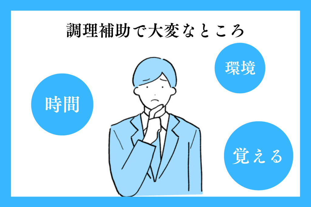 alt="調理補助できついところを考える男性”