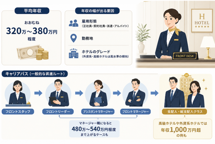 alt="フロントスタッフの年収やキャリアパスについて”