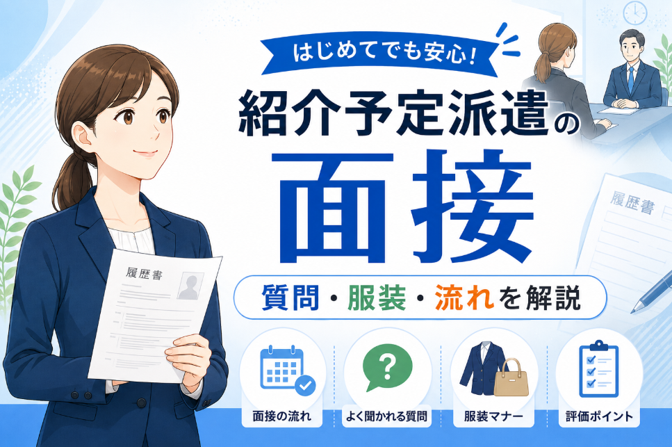 alt="紹介予定派遣の面接について解説する女性”