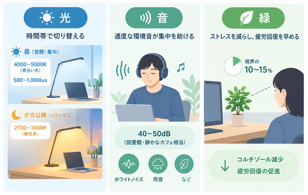 alt="光・音・緑視率も環境づくりには重要”
